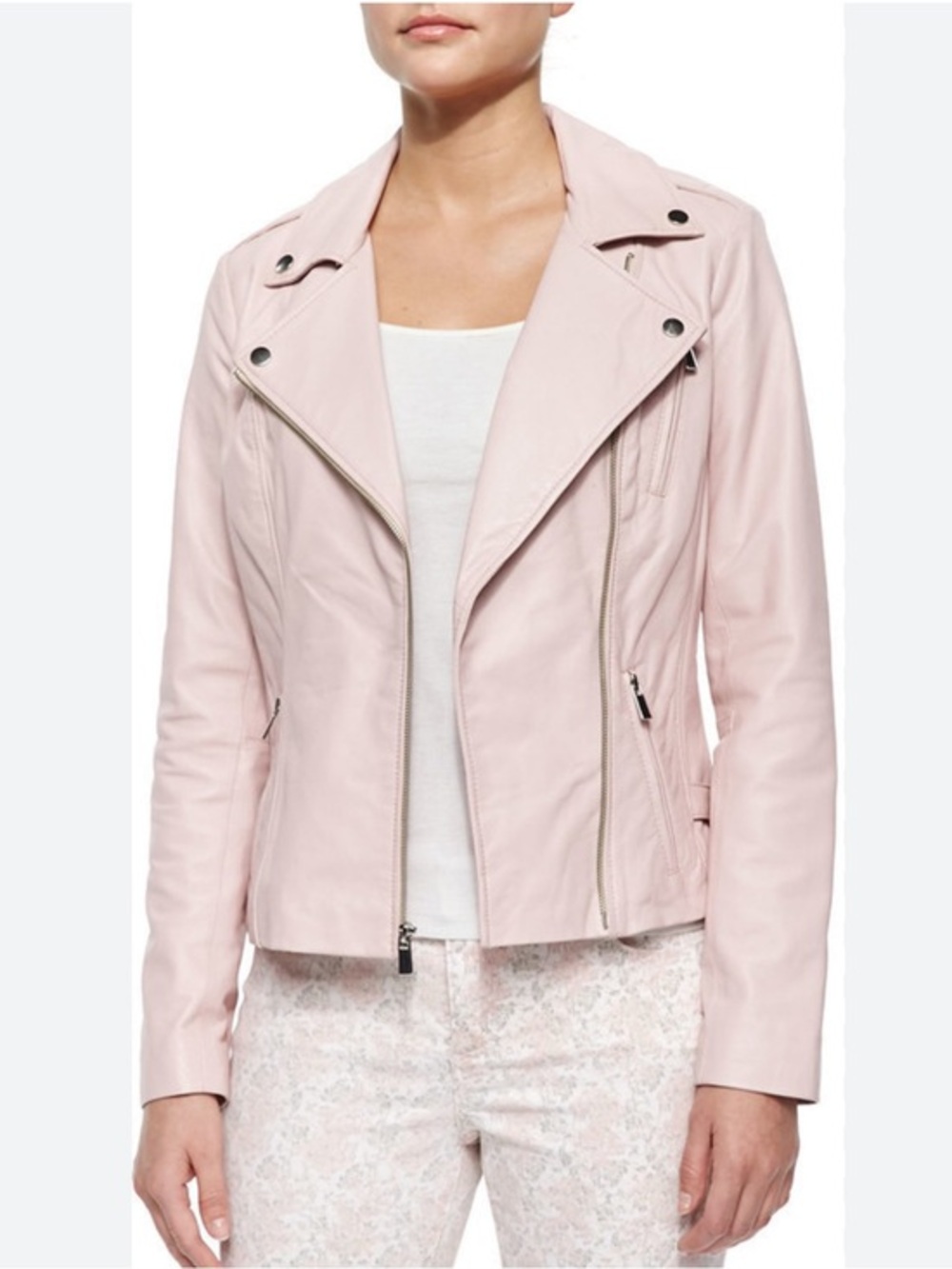 NEIMAN MARCUS M Blush Pink Motorcycle Zip Snap Genuine Leather Jacket *FLAW*